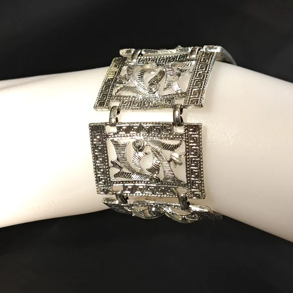 Women's Fashion Silver Tone Chunky Link Panel Bracelet 1960s‎ Style - Picture 8 of 8